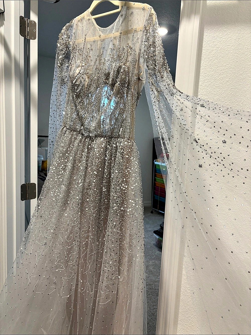Embellished Long Sleeve Maxi Dress in Silver